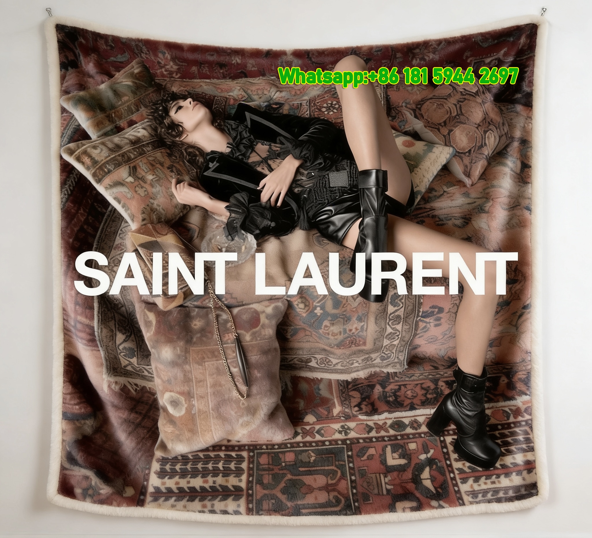 Yves Saint Laurent YSL Boho Chic Fashion Print Black Burgundy Multi Flannel Throw Blanket Premium Designer Printed Sofa Cover Blanket IMG_3299